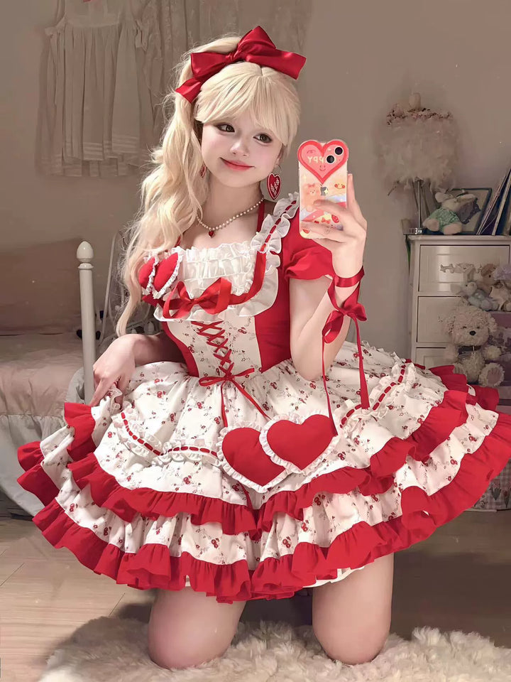 Platycodon House~Sweet Diary~Sweet Lolita OP Dress Red White Floral Print   