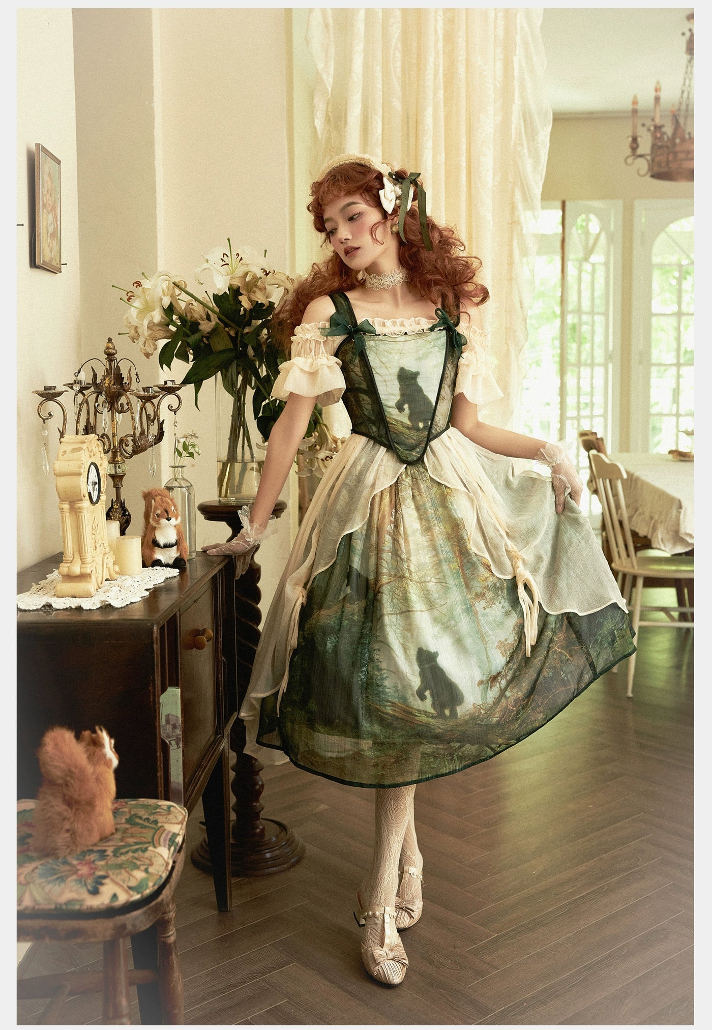 Cyan~Morning of Pine Forest~Elegant Lolita Bear Print Skirt   