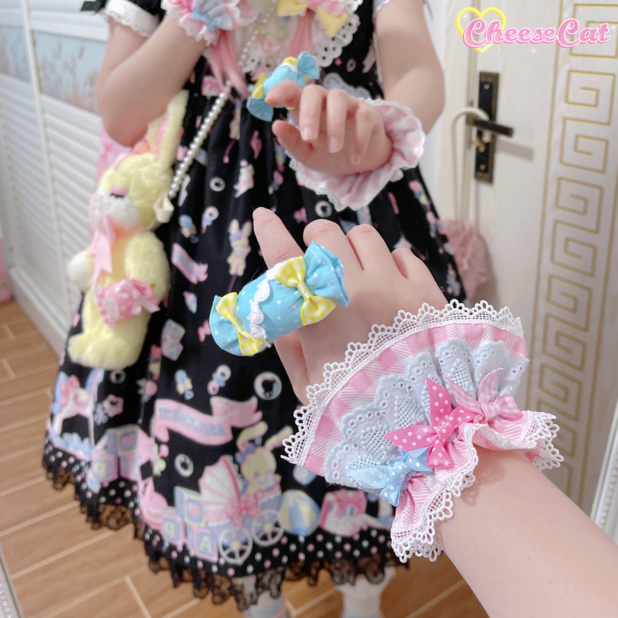 Cheese Cat - Sweet and Playful Strawberry Gingham Lace Cuffs