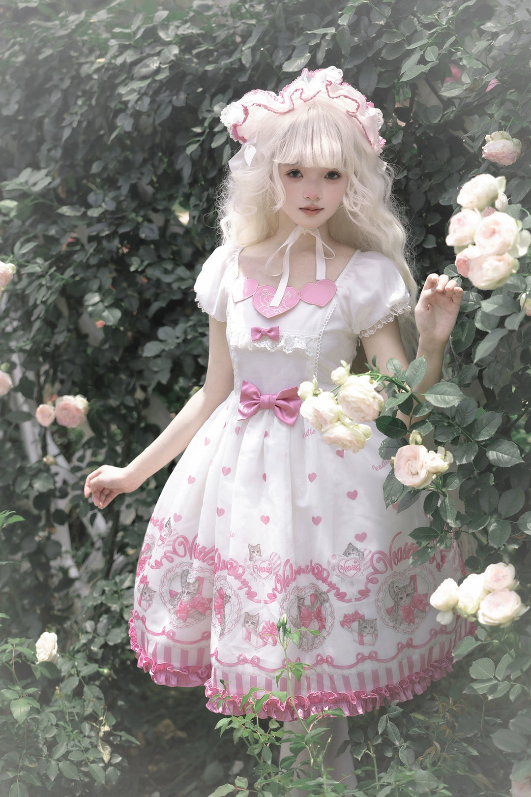 Vcastle~Love God Kitty~Sweet Lolita Dress Short Sleeve OP JSK Bonnet S - White OP  