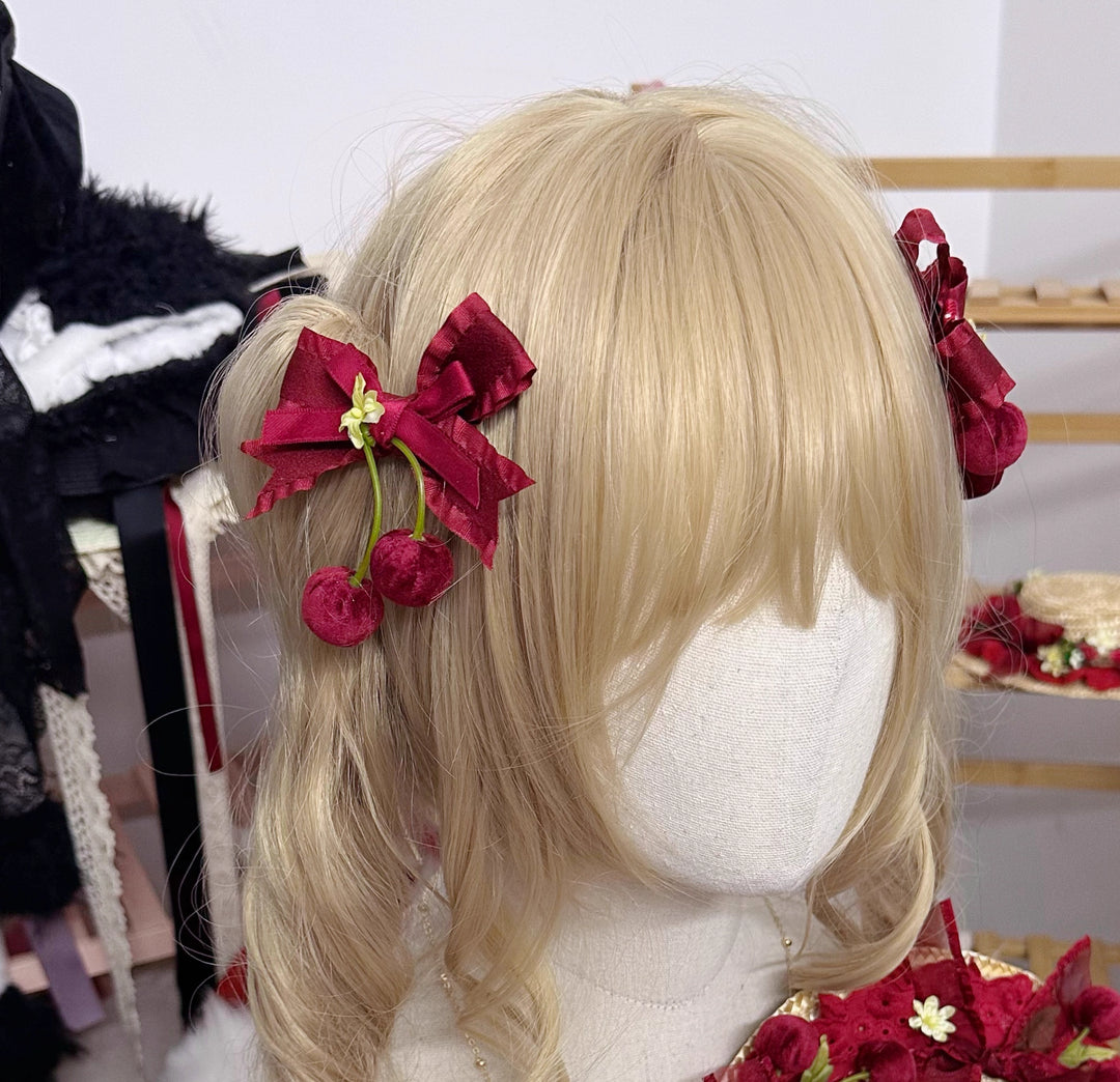 Chestnut Lolita~Sweet Lolita Headdress Cherry Hair Clip Straw Hat Necklace Handmade Set a small flower cherry hair clip  
