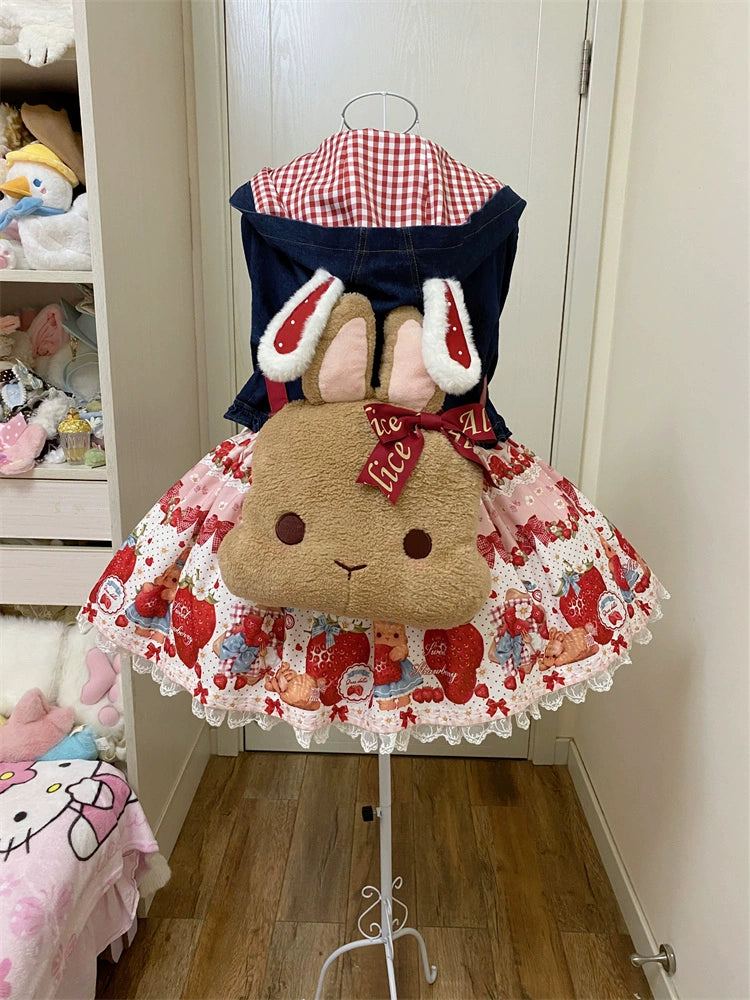 To Alice~Spring Strawberry Bunny~Kawaii Lolita Salopette Dress Hooded Coat and Blouse