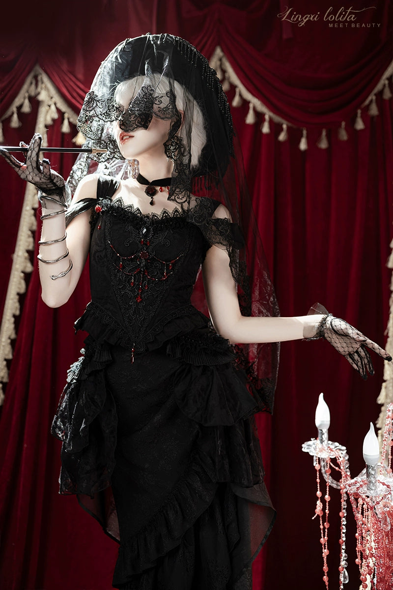 Lingxi Lolita~Lord of the Night~Gothic Lolita Skirt Suit Mermaid Skirt and Fishbone Bodice 42159:730274