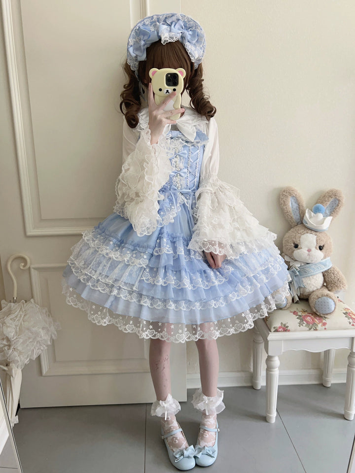 Sugar Girl~Love Overture~Sweet Lolita JSK Suit Tiered Ruffles Dress White Princess Sleeve Innerwear only S One piece