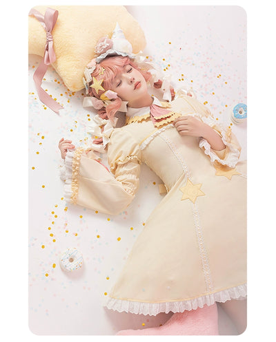 Summer Fairy~Sakura Collab Series~Yellow Lolita OP Dress Star Print   