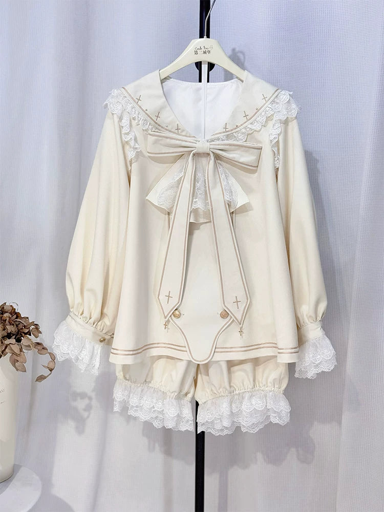 Angel & Devil - Button Closure Ouji Lolita Cape Set, Cross Embroidery Off White Top + Shorts + Jabot + Bow Tie M