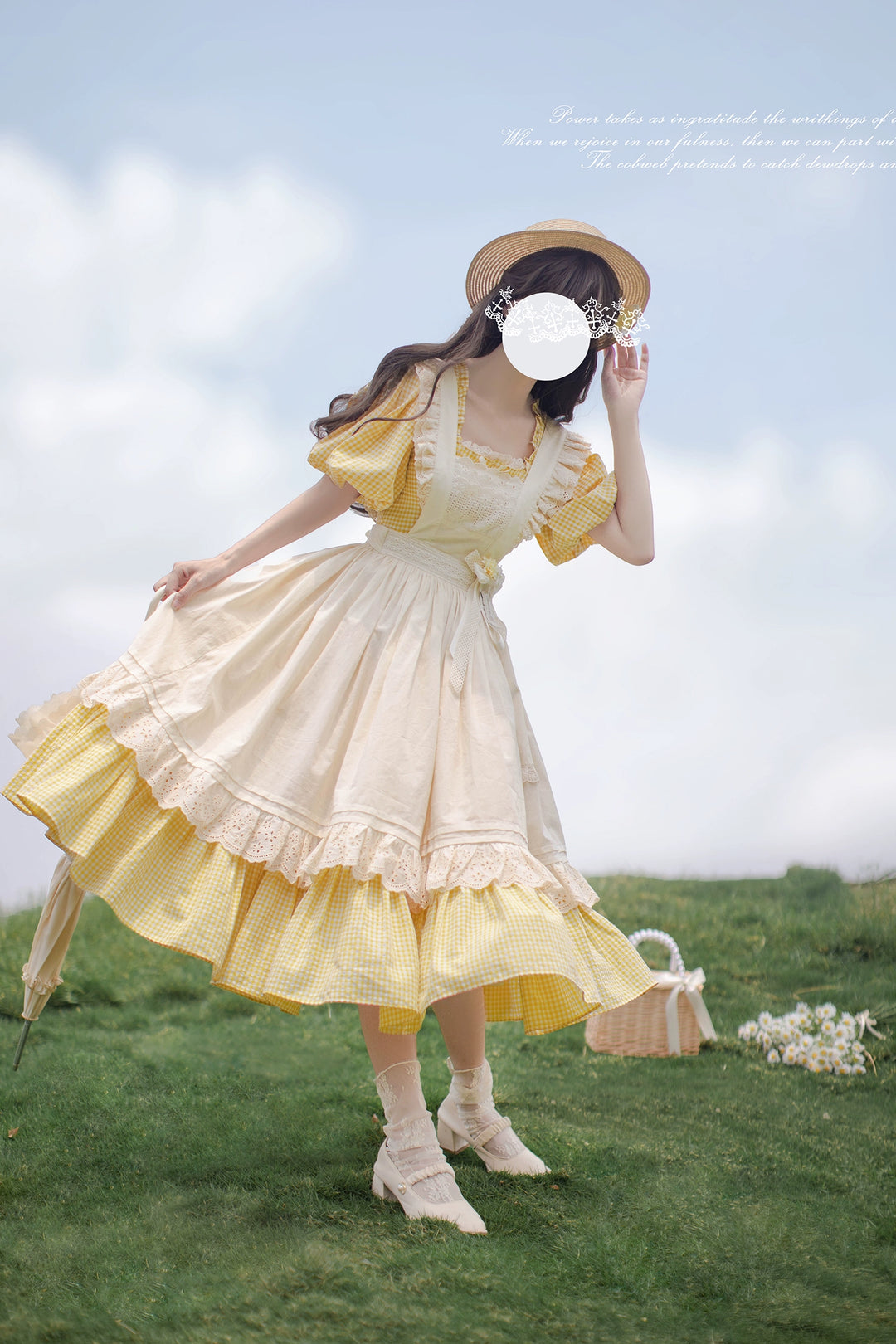 HuTaoMuJK~Belle~Yellow Lolita OP Dress Set Apron Dress Plaid Print   