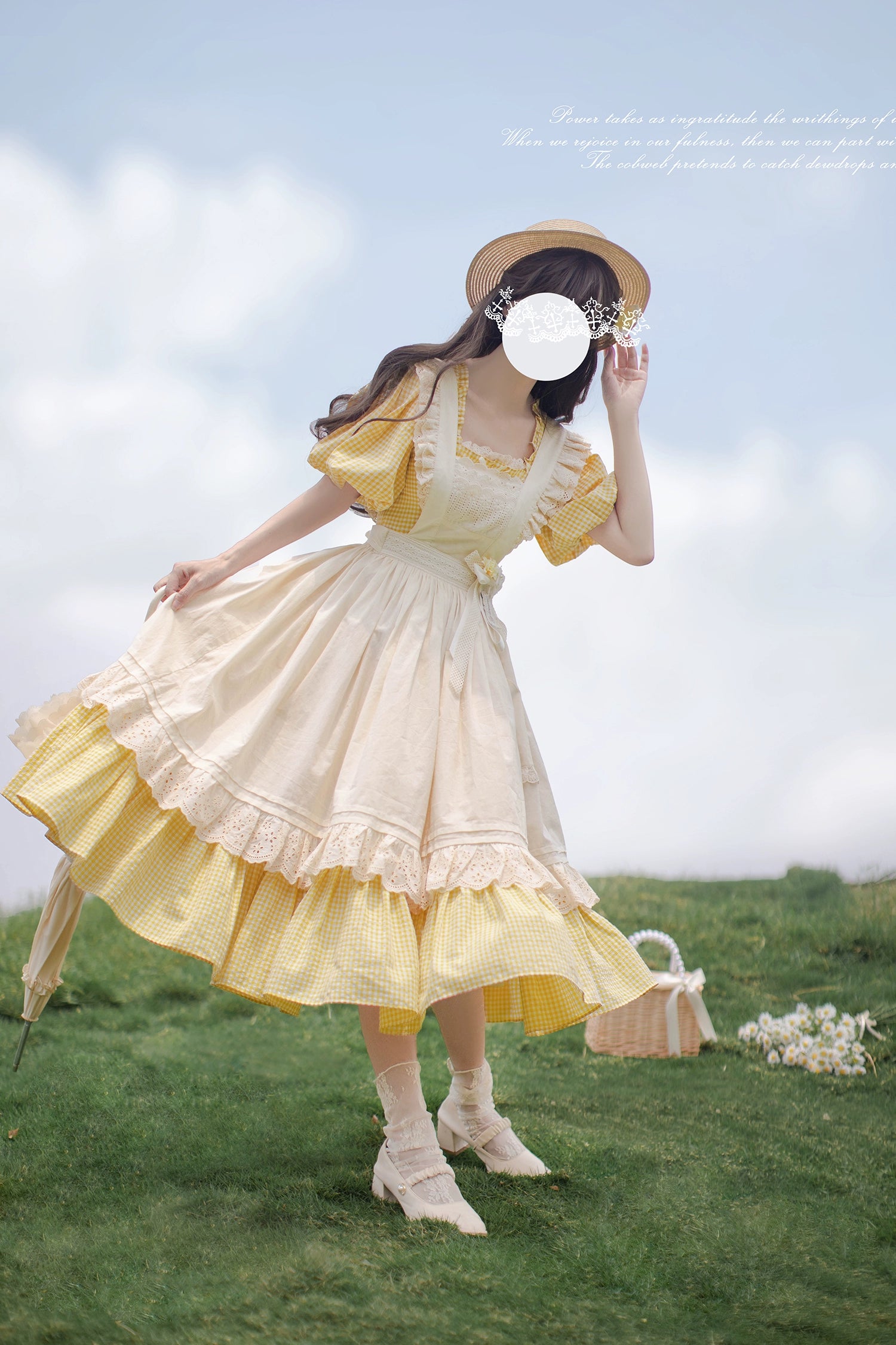 HuTaoMuJK - Belle - Yellow Lolita OP Dress Set Apron Dress Plaid Print