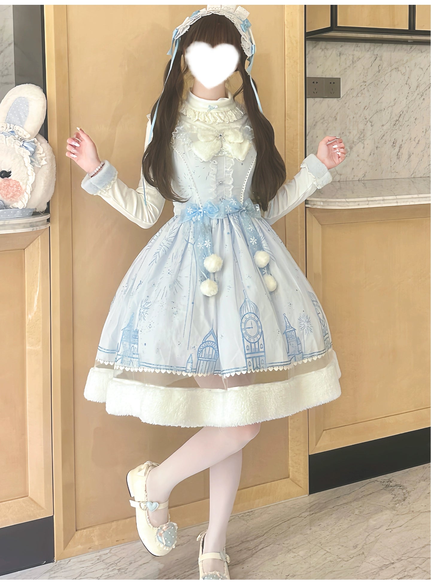 ZhiJinYuan - Snow Castle - Winter Sweet Lolita JSK Cape Dress, Blue Castle Print 44107:796451