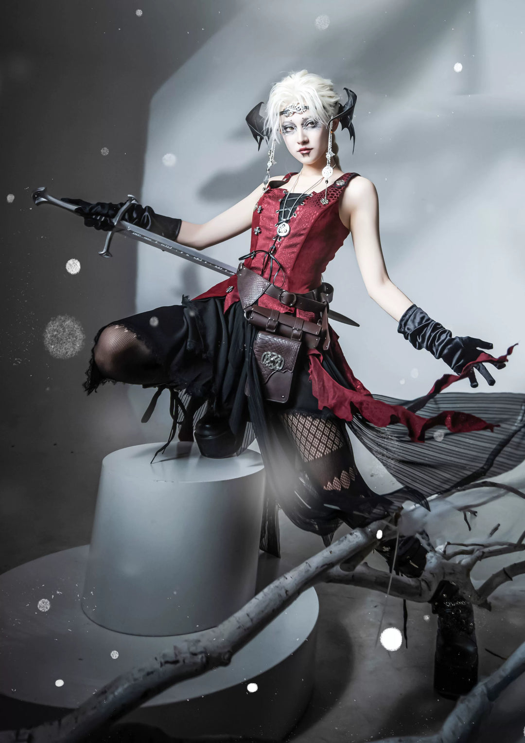 Wuyuzhe~Dragoon Knight 3.0 Version~Western Fantasy Style Lolita Irregular Skirt Set Lolita Vest S Black - Red Fullset 