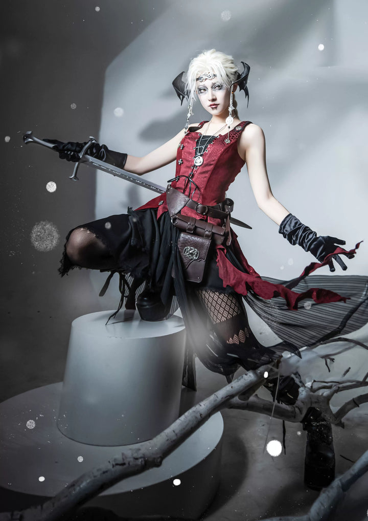 Wuyuzhe~Dragoon Knight 3.0 Version~Western Fantasy Style Lolita Irregular Skirt Set Lolita Vest S Black - Red Fullset 