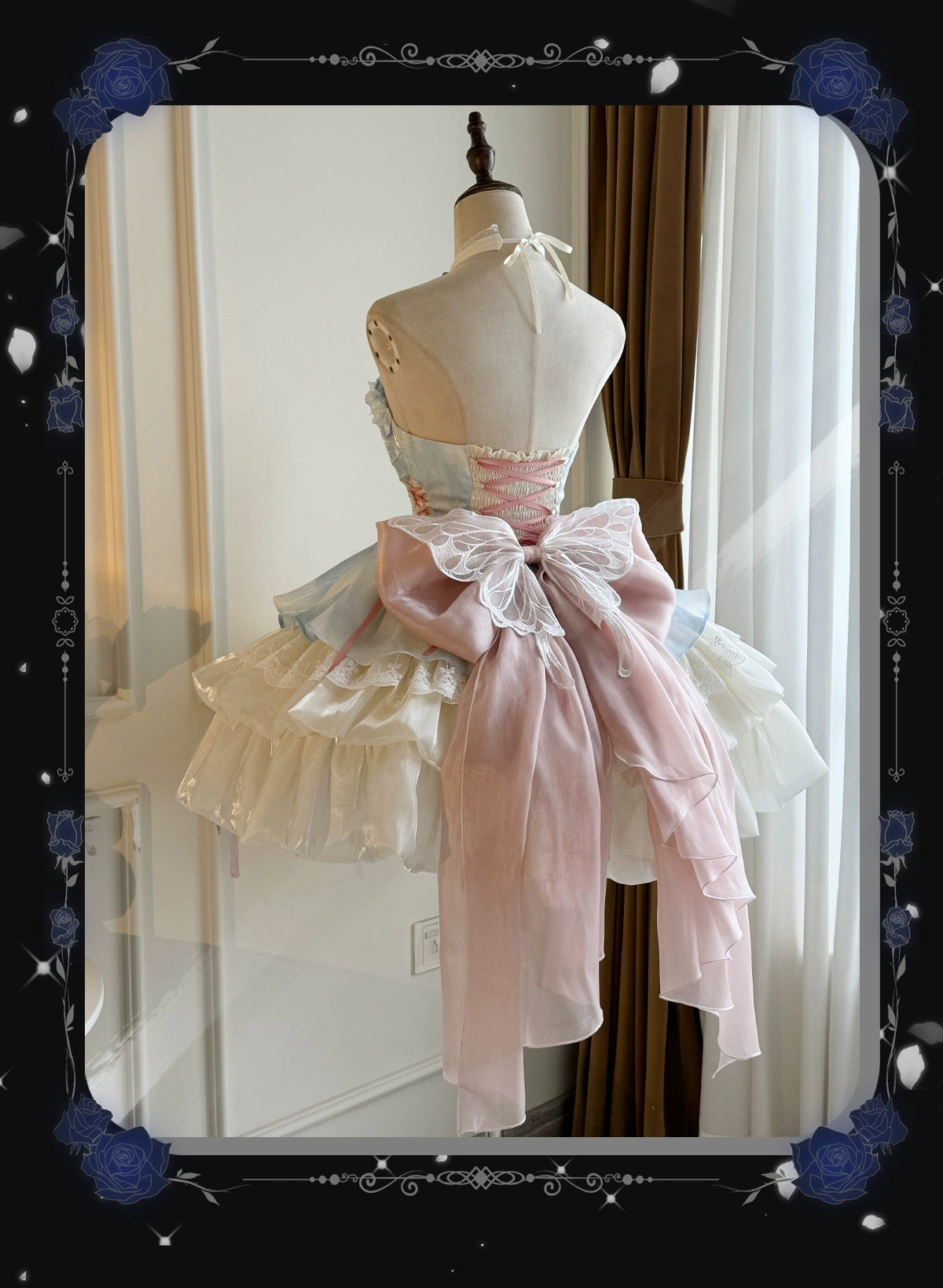 Platycodon House - Love Goddess - Elegant Lolita Dress Halter Puff Princess JSK Dress XS apricot blue and pink trailing veil