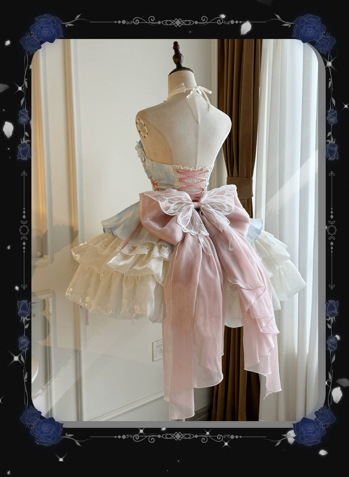Platycodon House~Love Goddess~Elegant Lolita Dress Halter Puff Princess JSK Dress XS apricot blue and pink trailing veil 