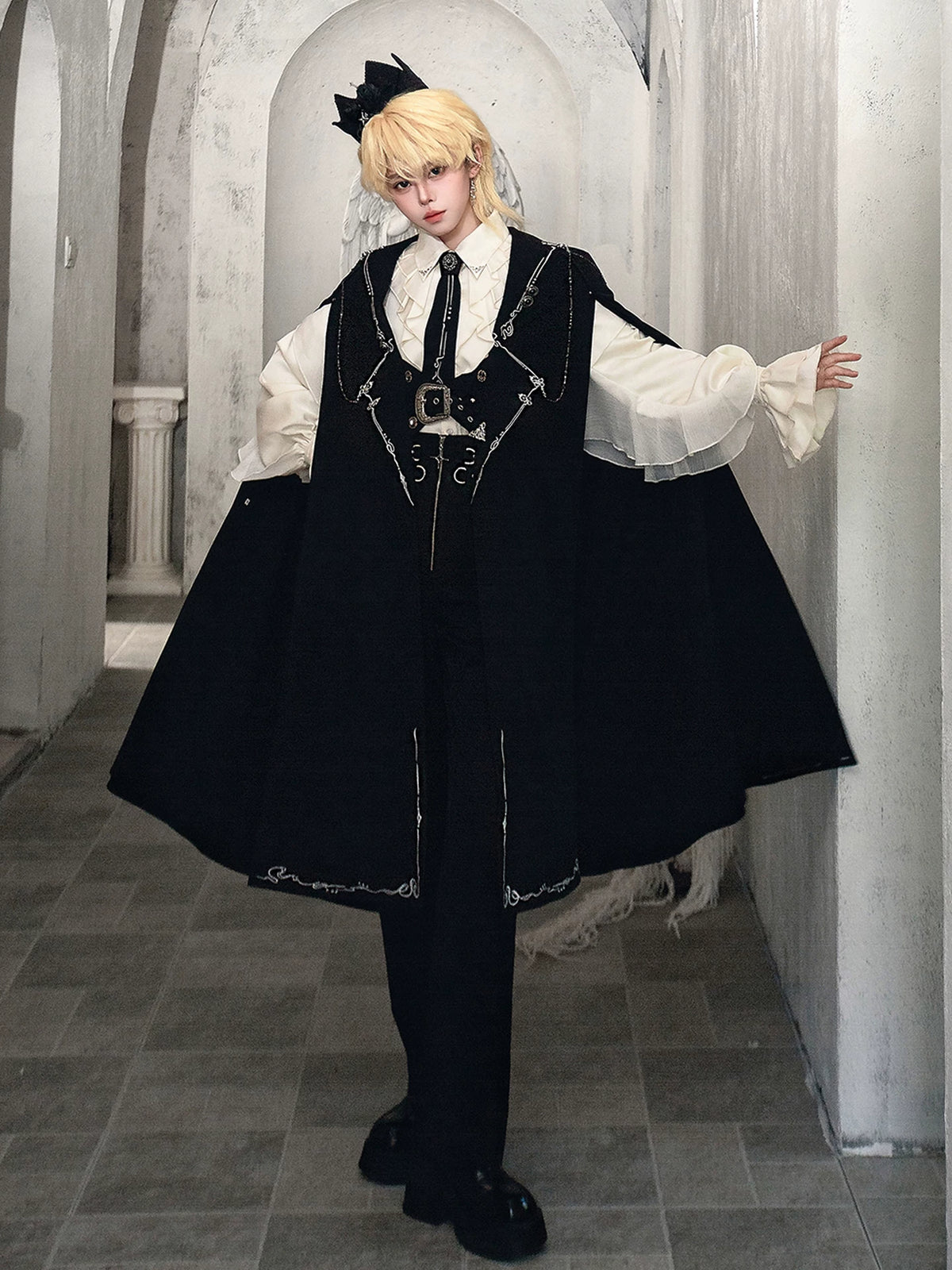 Hidden Crow - Ouji Lolita Cloak & Pants Suit, Silver-Thread Embroidery 46041:873233