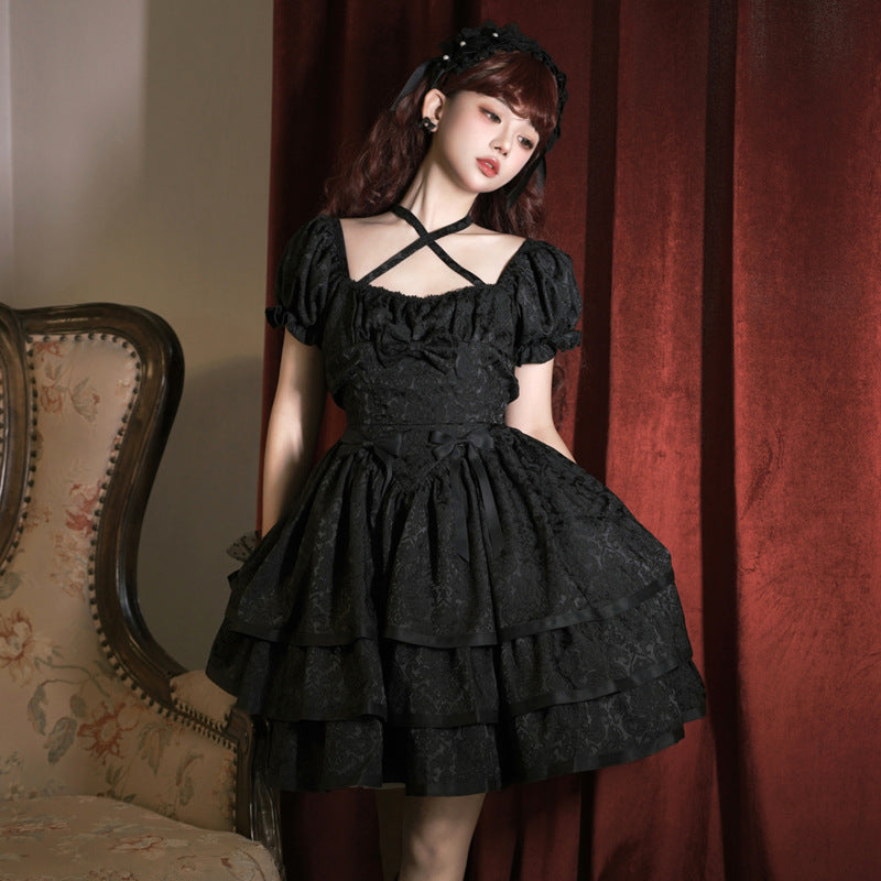 Eieyomi~Thorn Rose~Gothic Lolita Three-layer Ruffle Black OP   