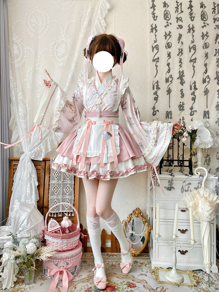 Qianmu~Little Herbalist~Han Lolita Skirt Outfit with Cross-collar Blouse and Apron