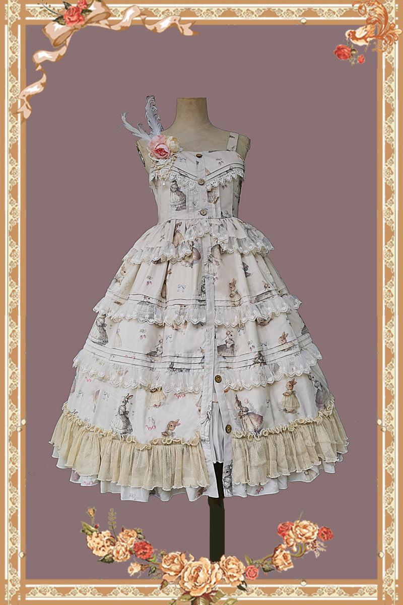 Infanta~Elegant Lolita JSK Dress Tiered Rabbit Prints Middle Split Dress S Apricot JSK