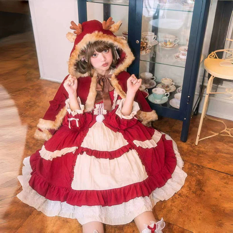 Teddy Bear~Winter Lolita Cape Christmas Deer Horn Hooded Cloak Free size Burgundy (deer horn cloak without velvet)