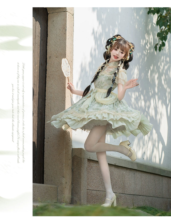 Ball Cat~Small Green Pepper~Han Lolita Dress Green Floral Print OP Dress   