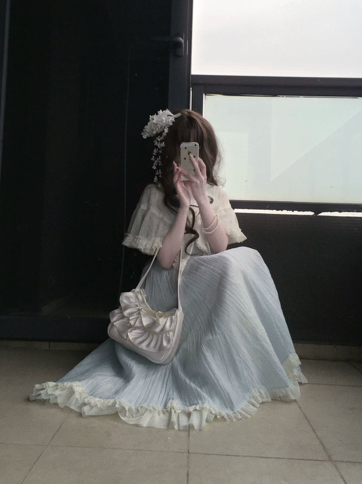 Kuma~Little Wind Chime~Elegant Lolita OP Water Blue Dress With Decorative Tulle Cape