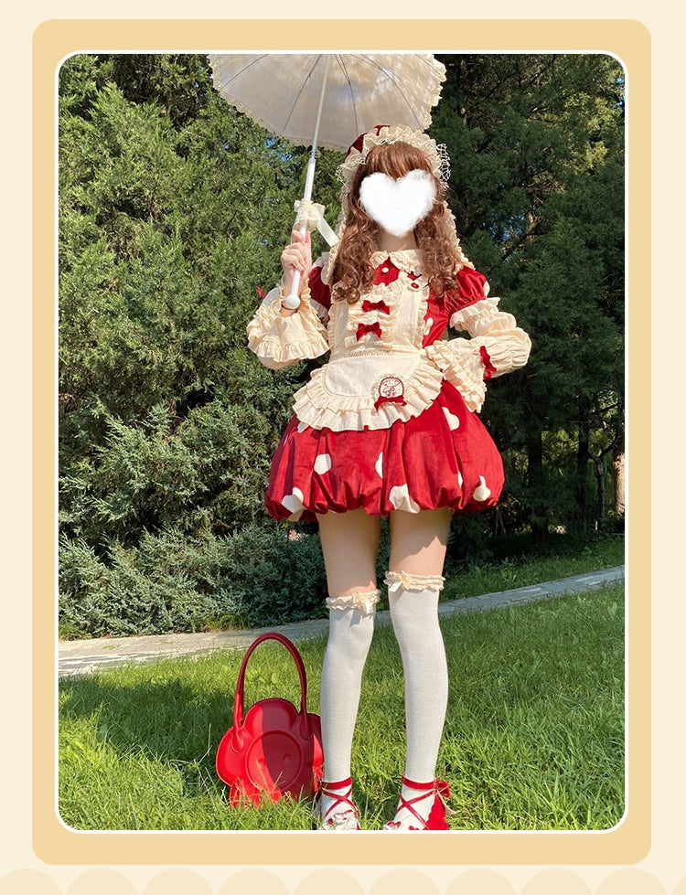 Sakurahime~Mushroom~Kawaii Lolita OP Dress with Apron and Detachable Sleeves