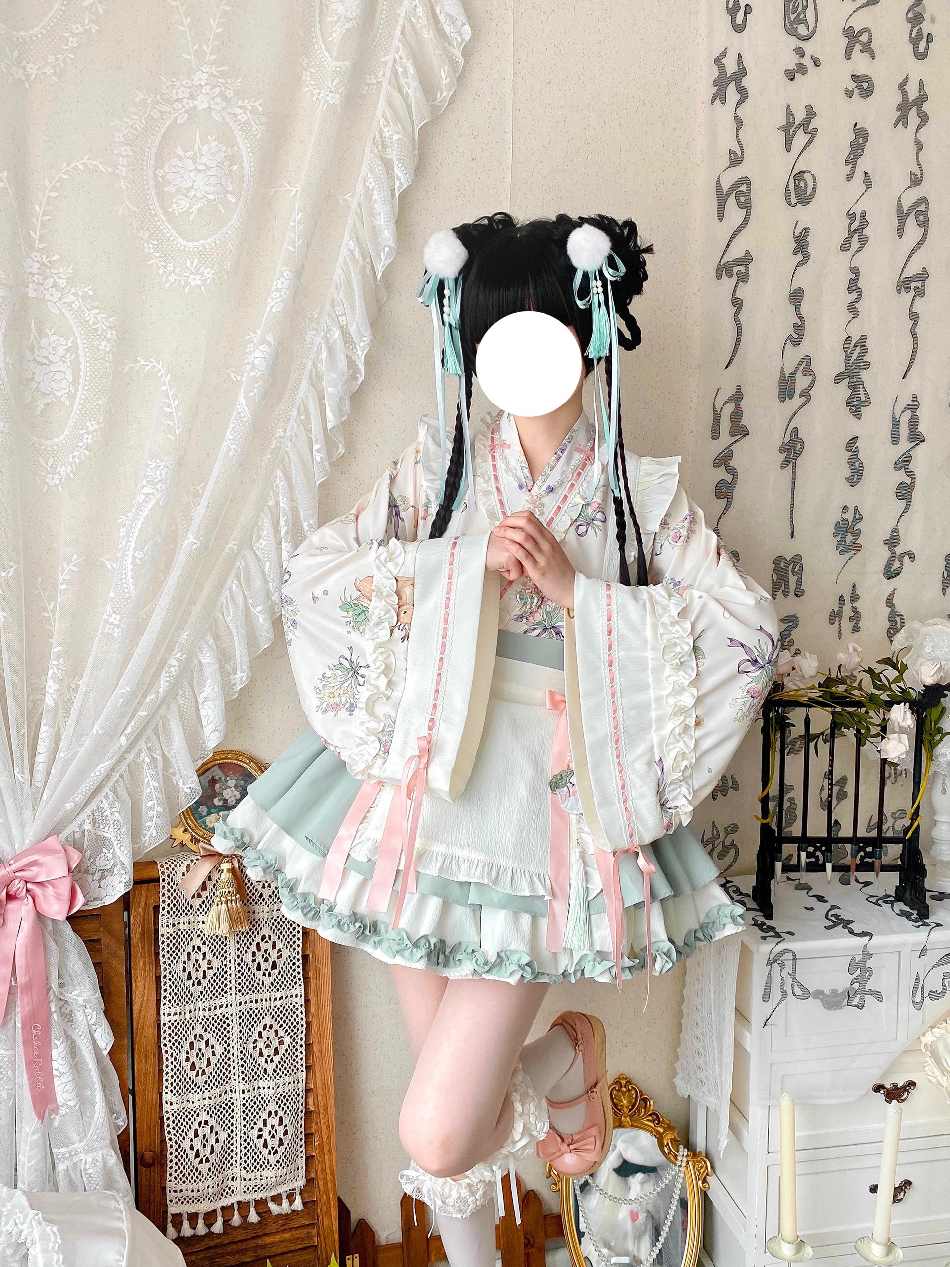Qianmu - Little Herbalist - Han Lolita Skirt Outfit with Cross-collar Blouse and Apron Grass Green Set (blouse + skirt + apron) S