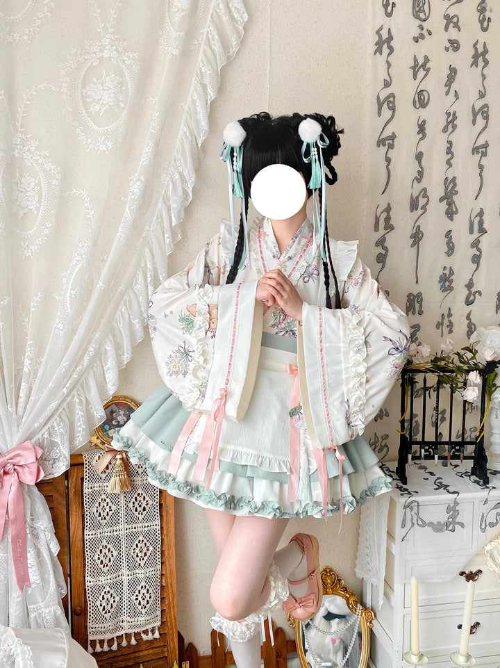 Qianmu~Little Herbalist~Han Lolita Skirt Outfit with Cross-collar Blouse and Apron Grass Green Set (blouse + skirt + apron) S