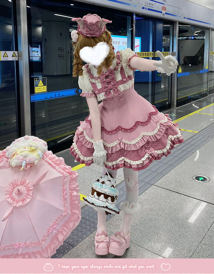 Sakurahime~Bunny Breeze~Pink Sweet Lolita OP Dress with Cute Hat and Bunny Ears