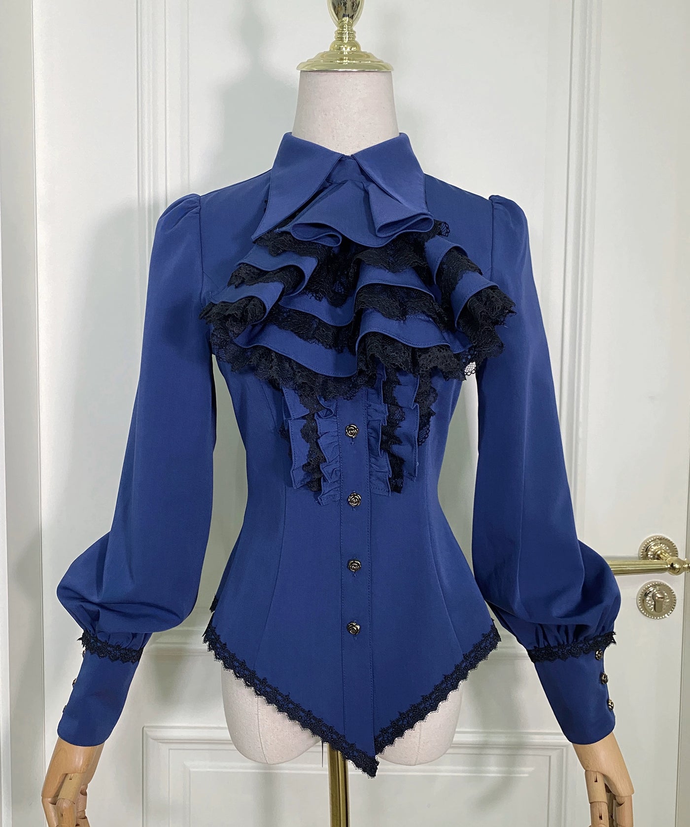 Little Dipper~Gothic Lolita Shirt Long Sleeve Bow Tie Blouse S Dark blue 