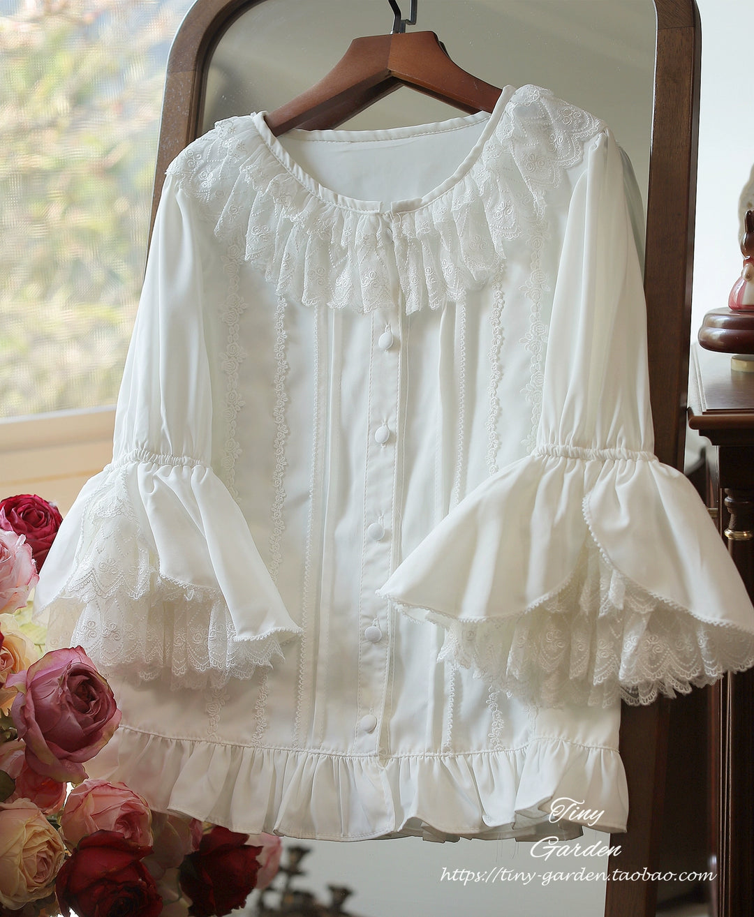 Tiny Garden~Summer Breeze 2.0~Vintage Lolita Shirt Round Ruffled Collar/Princess Sleeves (L M S XL) 43127:766544