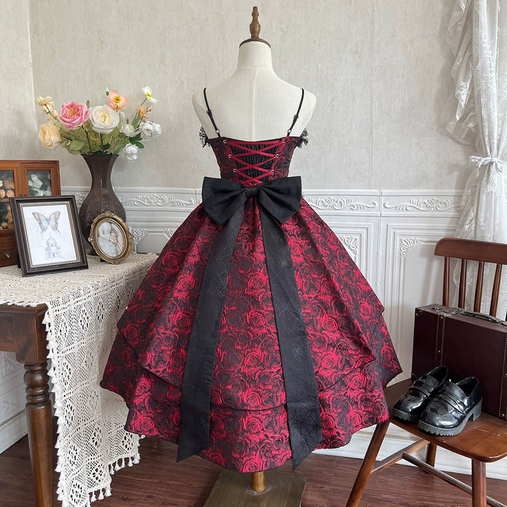 Cornfield Lolita~Rose Blood~Black Red Gothic Lolita JSK Jacquard Court Dress 40688:673054