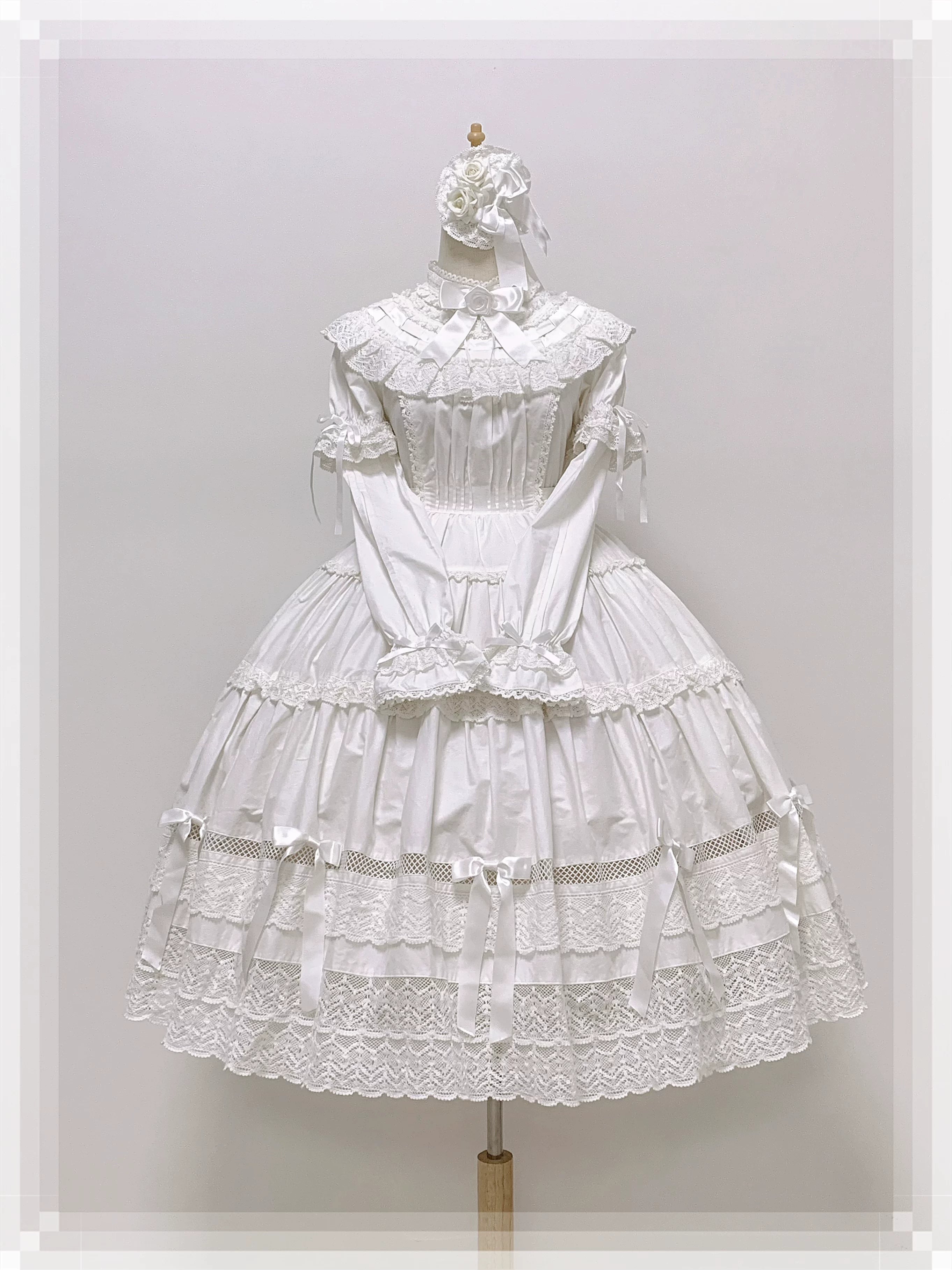 Edelburg Rose - Old School Lolita Cotton OP Dress Set, Detachable Sleeves (L M S XL) 45685:859066