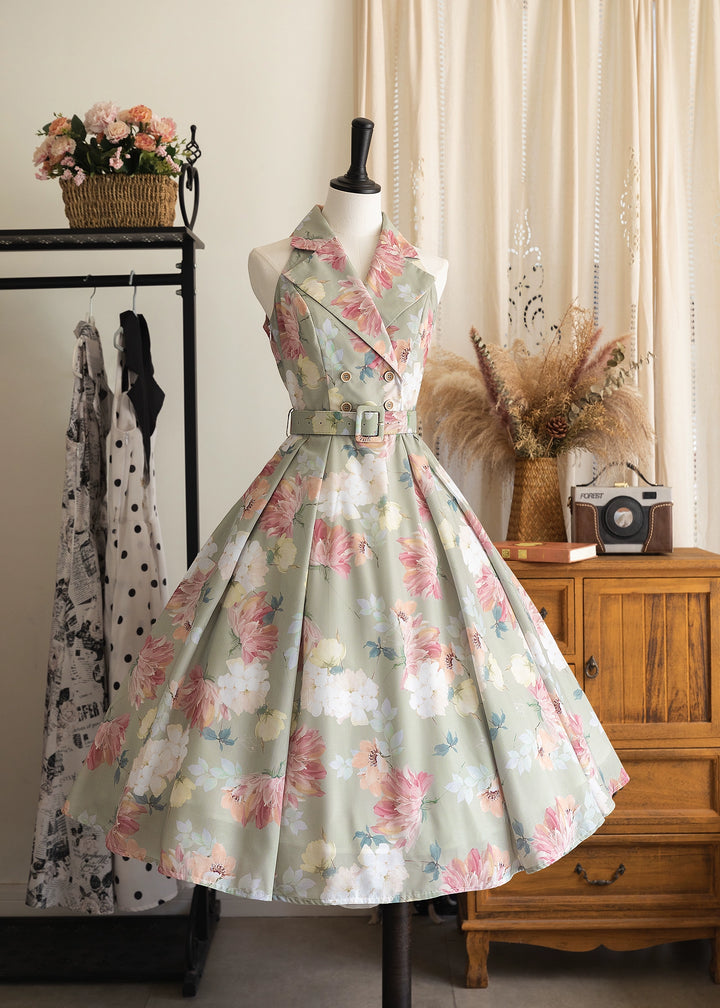 Forest Wardrobe - Afternoon Forest - Vintage Lolita Halter-neck JSK Dress in French Style Green Flower S