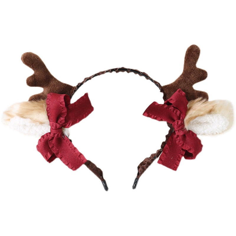 Xiaogui~Christmas Sweet Red Lolita KC Cute Elk Antlers Headwear Dark Red Bow Antler KC  