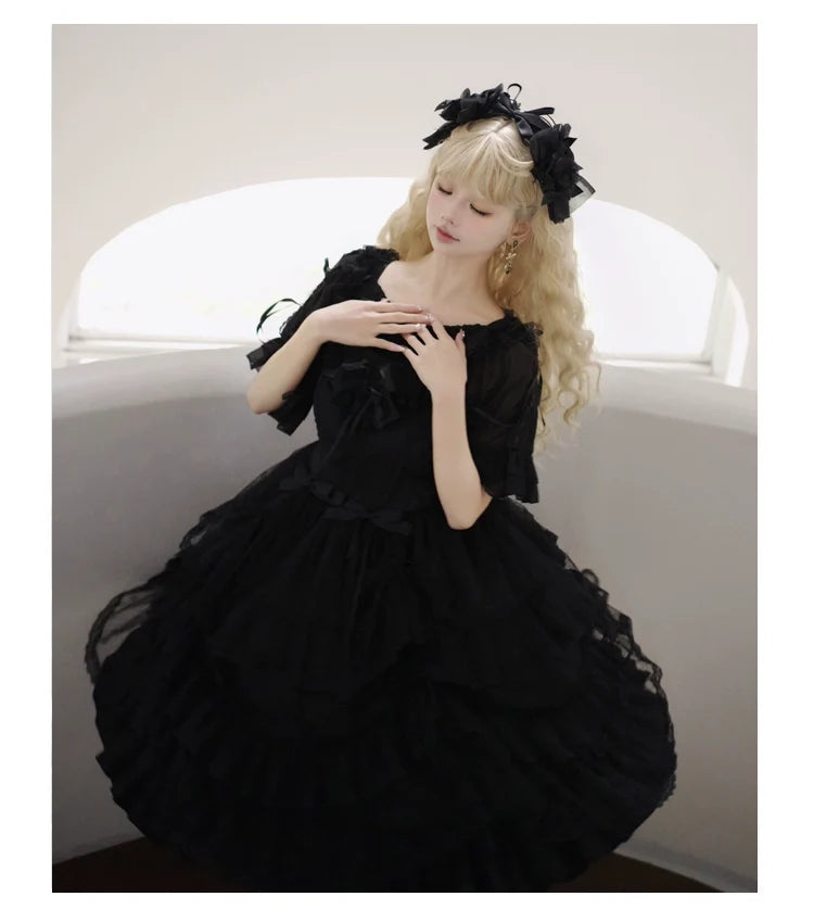 Eieyomi - Iris Love - Elegant Black Lolita JSK Dress, Short Sleeve 44383:806046