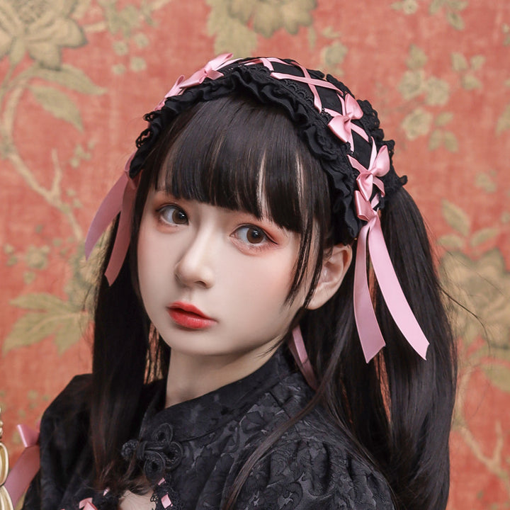Sweet Japanese Style Lolita Headwear Multicolors free size Love Fuqu-Black Pink 