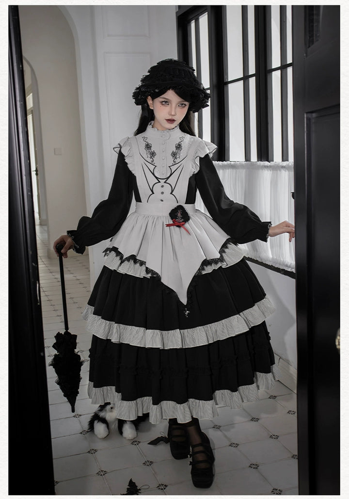 With PUJI~Castle Night~Gothic Twins Lolita OP Three-tiered Embroidery Dress