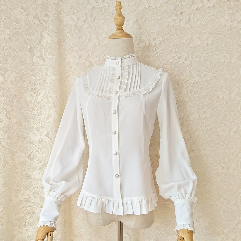 Youlan Lane~Classic Lolita Shirt Elegant Lollita Blouse With Stand Collar XS White 