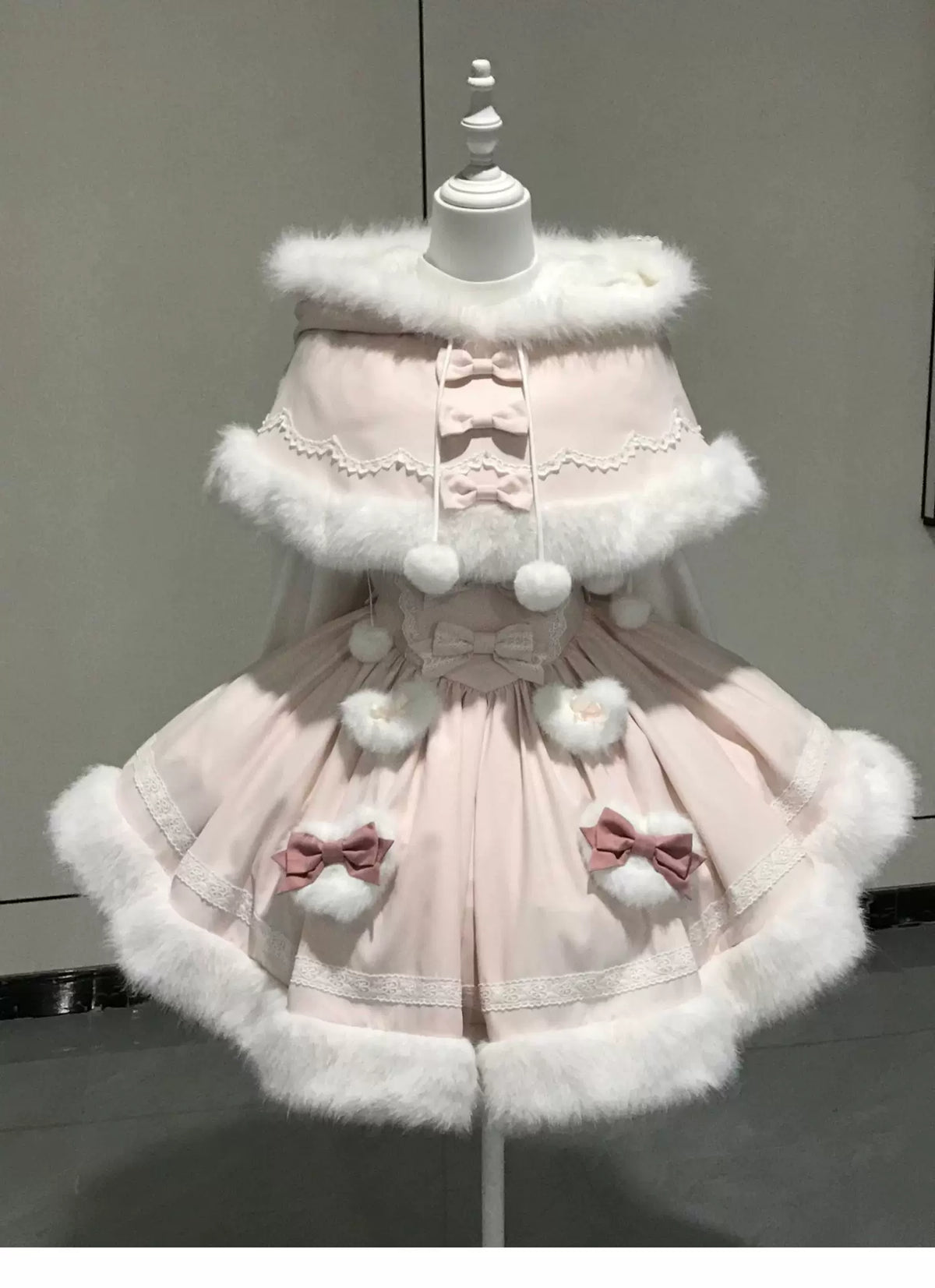 Sweet Dream Bunny - Sweet Lolita Cape & JSK Dress Set, Faux Fur Bunny Ear