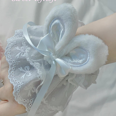 Roji roji~Cute Lolita Bunny Ears Cuffs Lace Summer Butterfly Hand Sleeves Blue  