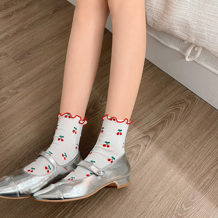 WAGUIR~Kawaii Lolita Short Cherry Print Socks Multicolor   