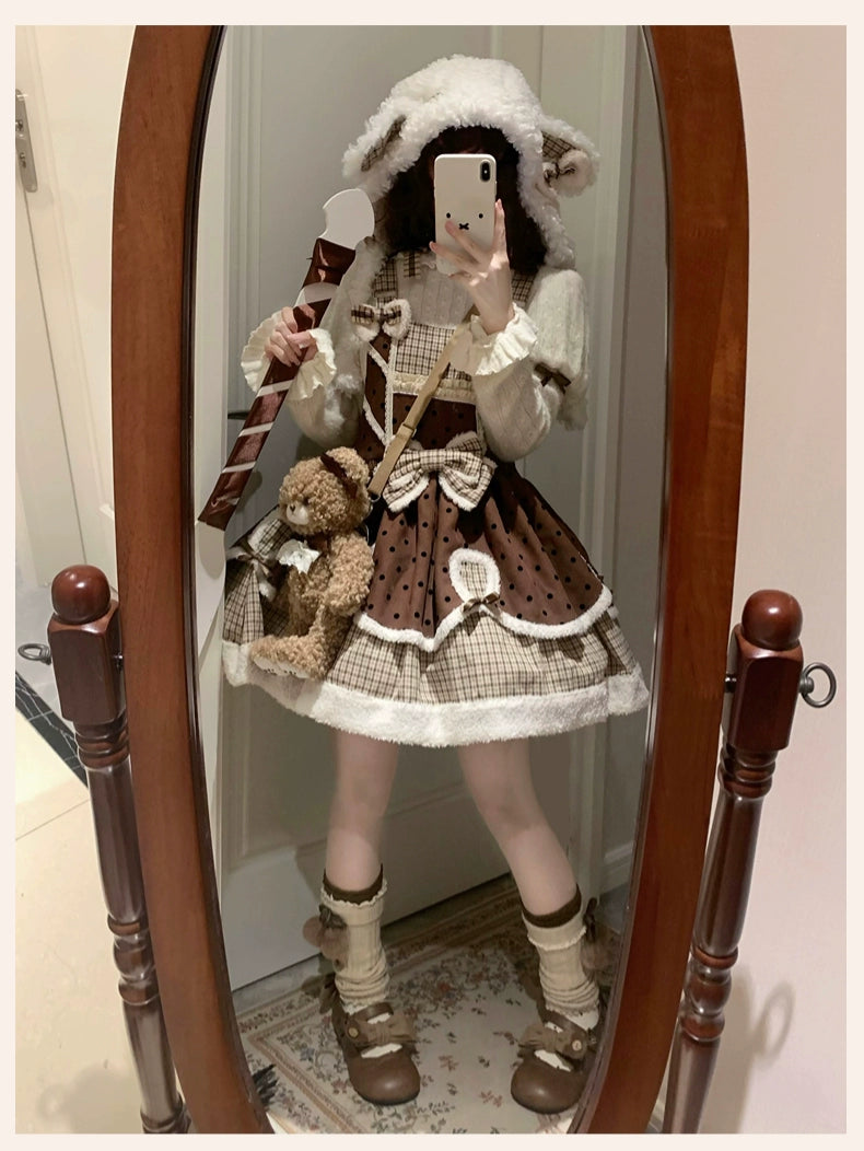 Little Butter~Cocoa Waffle~Winter Kawaii Lolita Salopette Sweater Cute Plush Hat Brown Salopette only Free size 