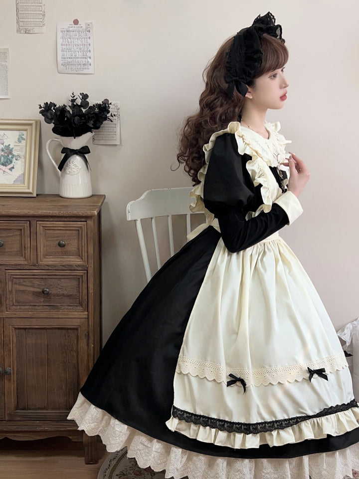 Qianmu~Classic Maid~Gothic Maid Lolita OP Suit with Apron and Jabot