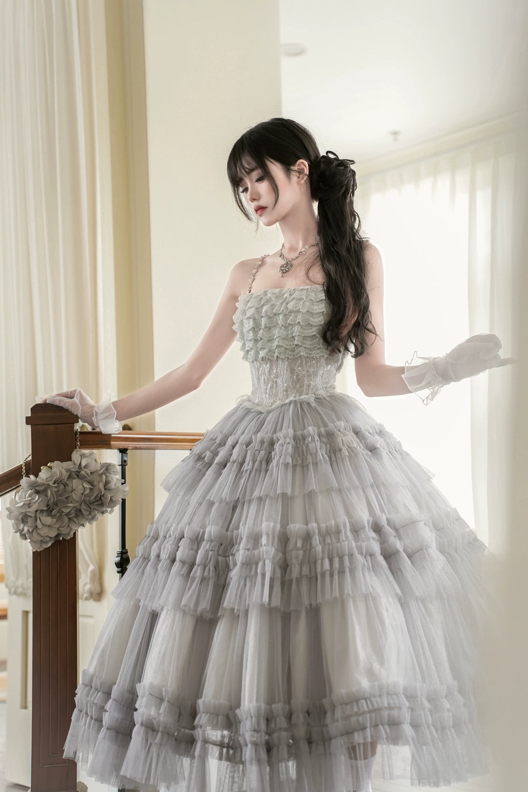 Sara Bell~Hailey~Elegant Lolita JSK Dress with Large Tiered Voile Hem