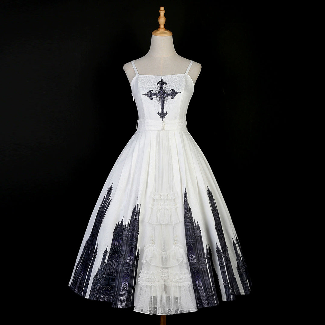 Cornfield Lolita~Silent Church~Gothic Lolita JSK Front Open Printed Dress and Thin Cardigan Set S white JSK dress 