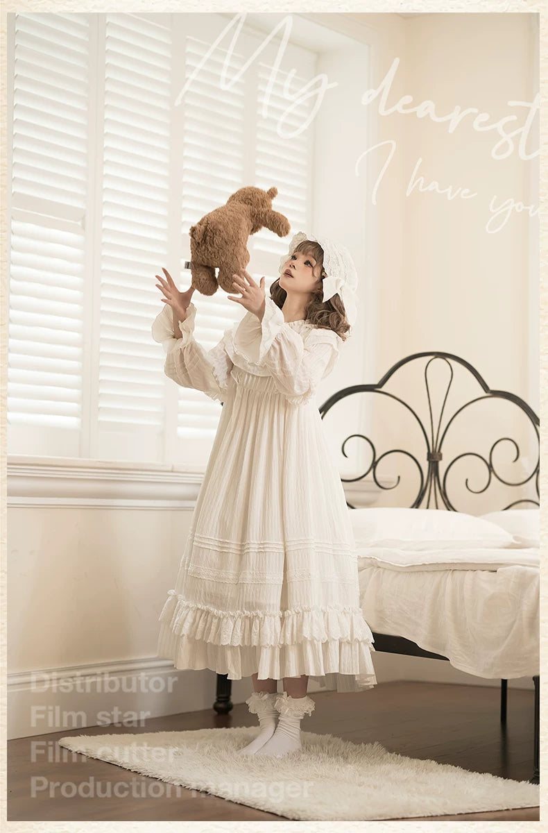 White Goodnight - Doll-like White Long Lolita OP with Ruffles 45535:852380