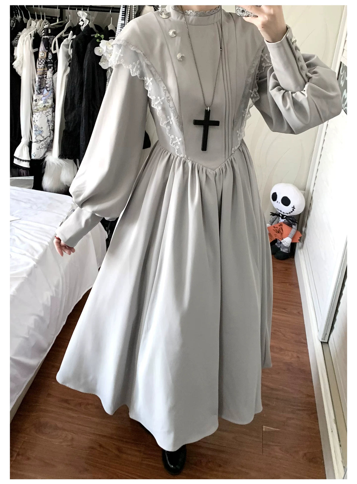 Moon Phase - Gothic Lolita OP Dress Set, Detachable Cross-Shaped Apron 46035:873419