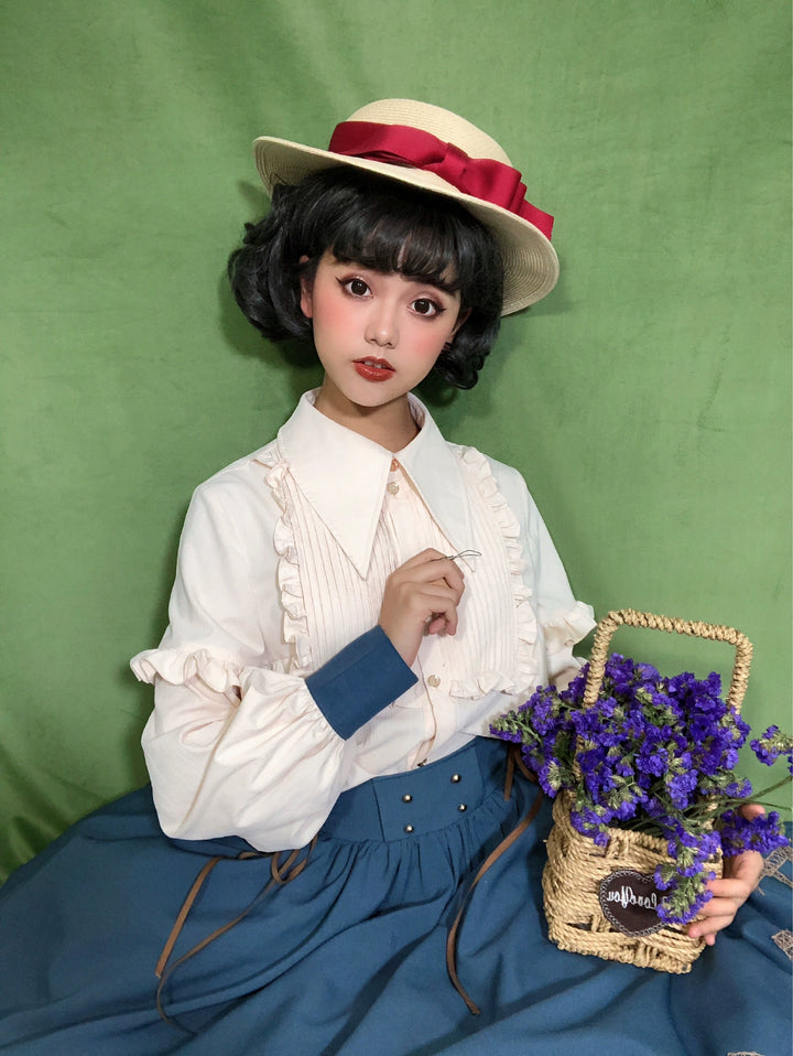 Yuan Su~Elegant Lolita Long Sleeve Blouse S blouse with blue cuffs 