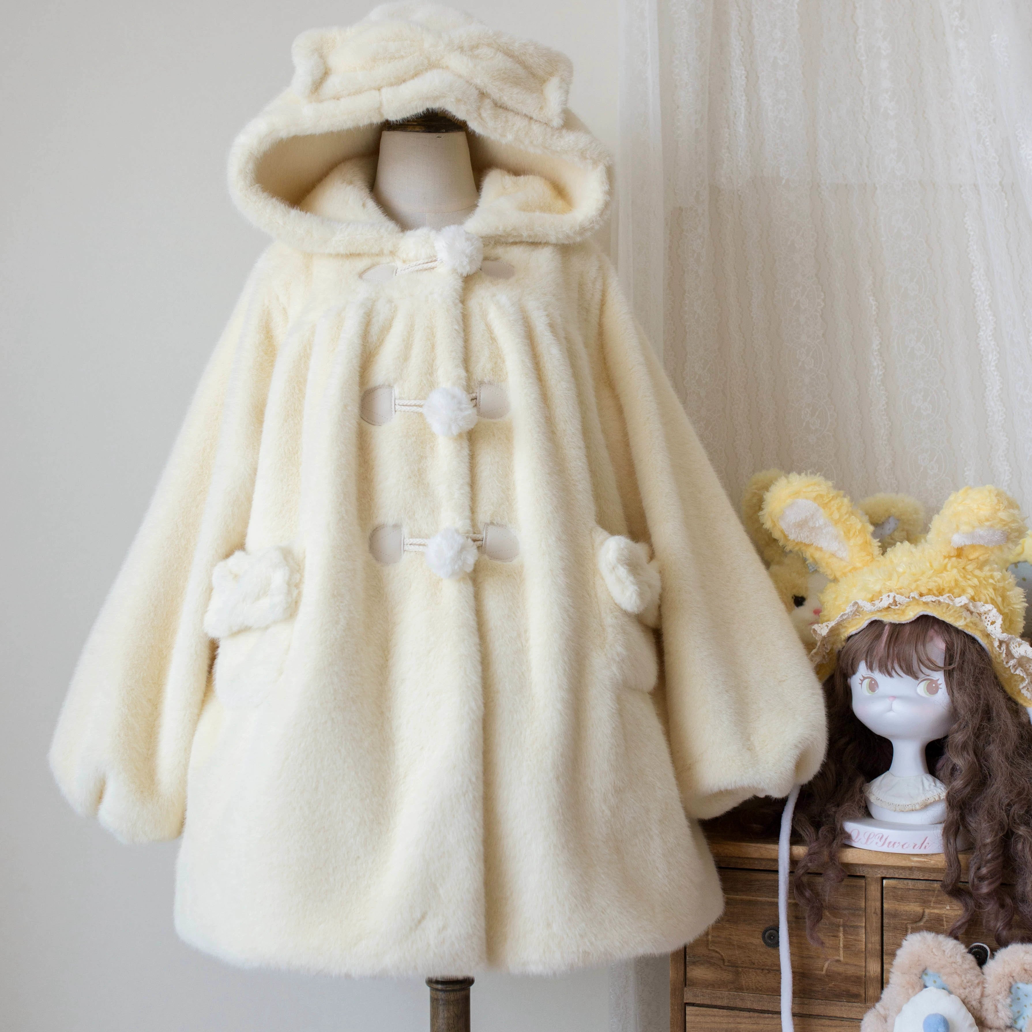 MIST - Cream Cheese - Winter Kawaii Lolita Overcoat Thickened Hooded Loose Outwear Light yellow S (suitable for weight under 62.5 kg)