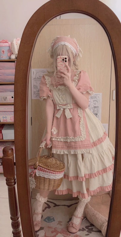 Sugar Girl~Country Lolita OP Dress Short Sleeve Summer Dress Pink OP (Short) S 